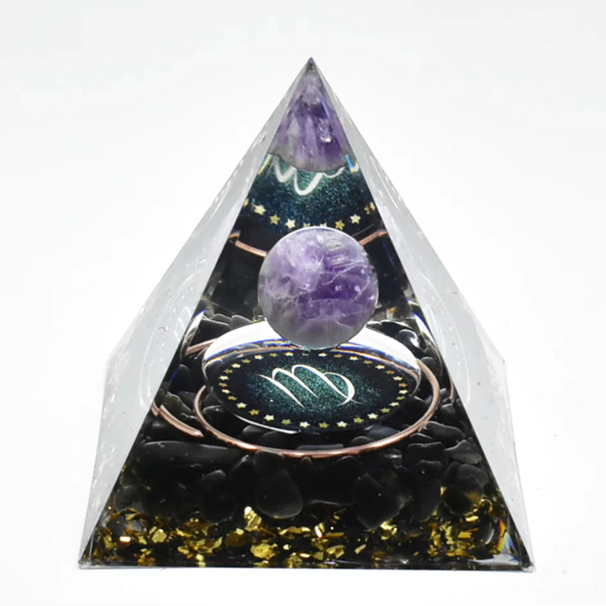 Handmade resin orgonite pyramid featuring a purple crystal, natural obsidian, and a copper coil.
