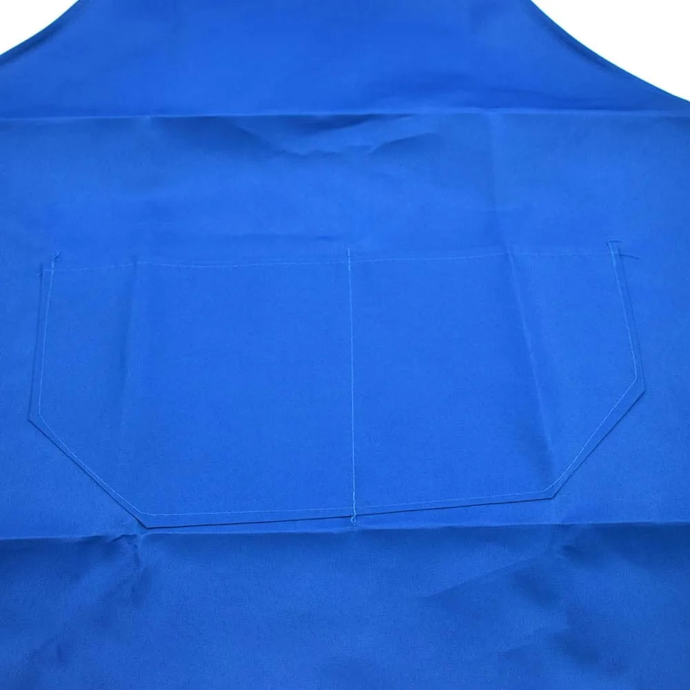 A bright blue waterproof kitchen apron featuring a front pocket.