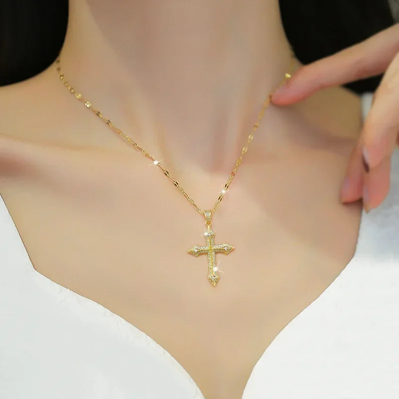 Gold Stainless Steel Crystal Cross Pendant Necklace