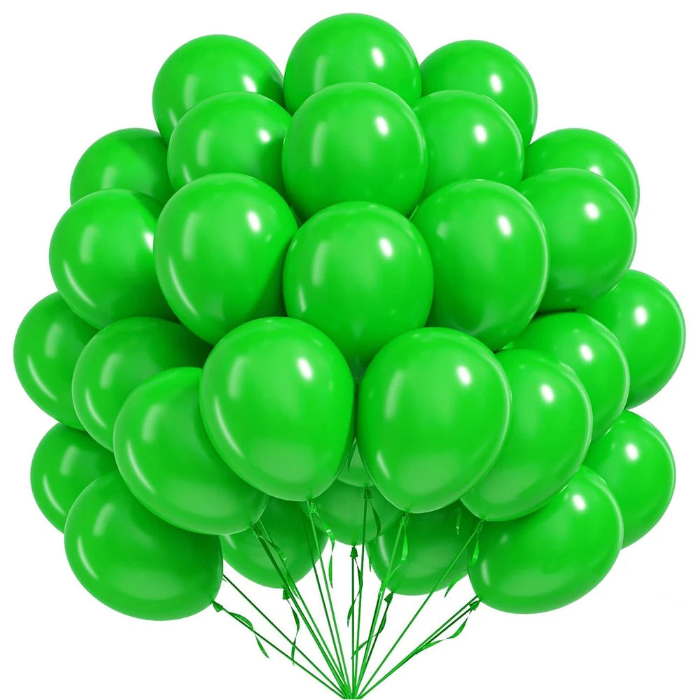 A cluster of bright green latex balloons tied together for a celebration.