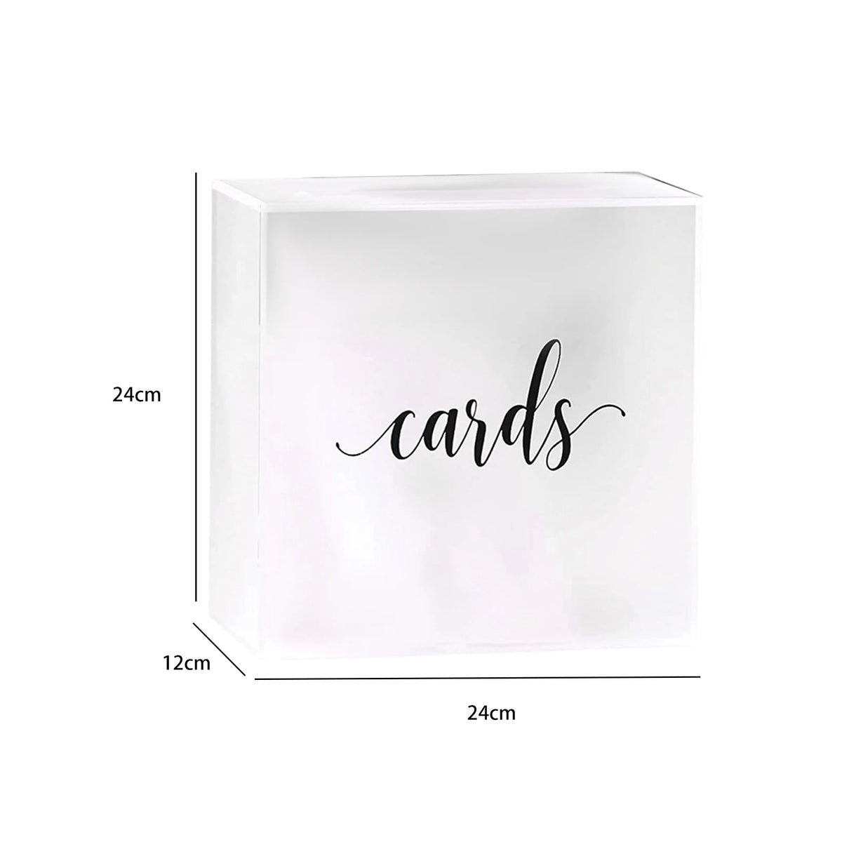 A white acrylic gift box with the word cards written on the front, shown from a top-down perspective.