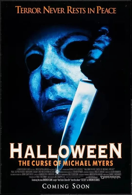 A dark, intense portrait of Michael Myers with a blue glow and a knife, featuring the title Halloween The Curse of Michael My