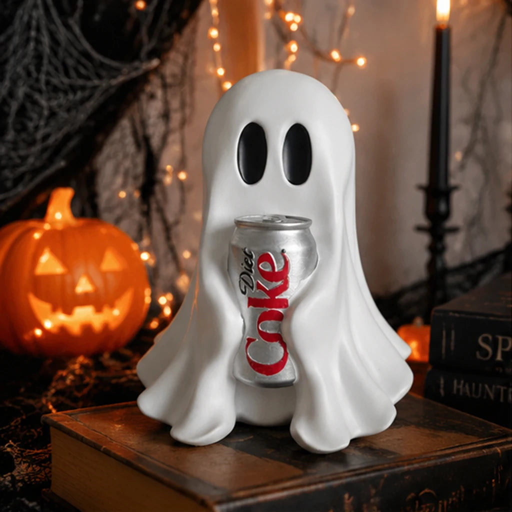 Figurine fantôme blanche tenant une canette de soda en aluminium sur une surface en bois sombre avec des lumières de fête.