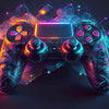 A black gaming controller is illuminated with vibrant neon pink and blue light against a dark background.
