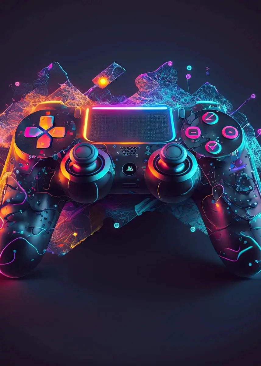 A black gaming controller is illuminated with vibrant neon pink and blue light against a dark background.