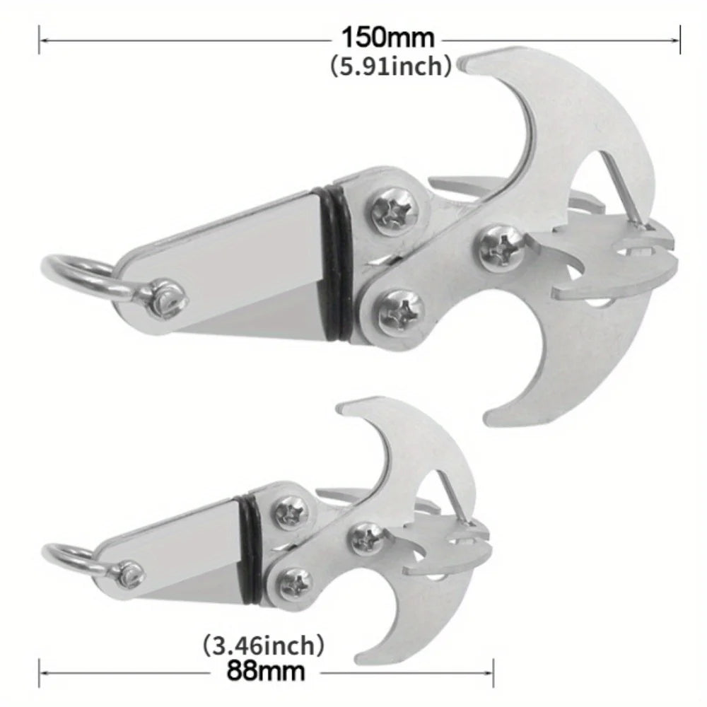 A pair of heavy duty stainless steel gravity hook multi-tools showing the size and design.