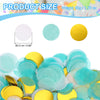 A close-up view of round tissue paper confetti dots in shades of light blue and yellow.
