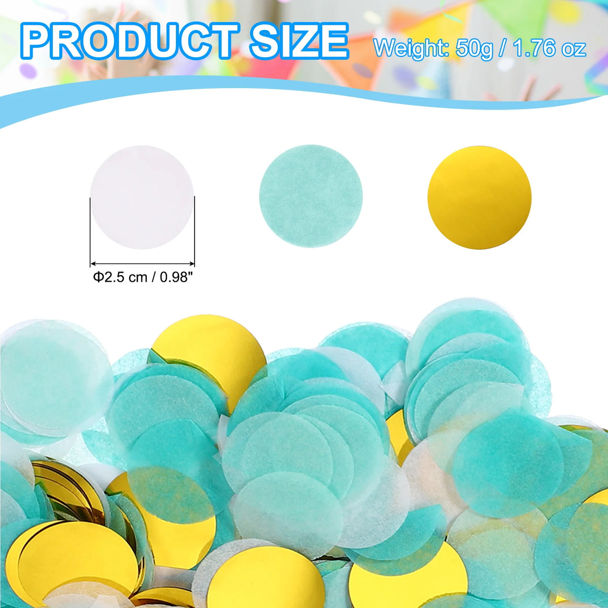 A close-up view of round tissue paper confetti dots in shades of light blue and yellow.