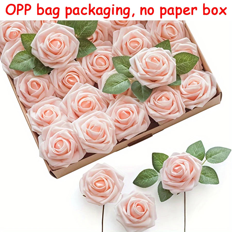 A box filled with pink artificial rose flowers, ready for packaging without a paper box.