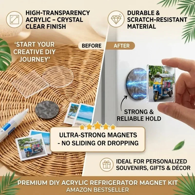 A set of high-transparency acrylic refrigerator magnets showing before and after results for DIY projects.