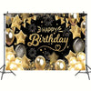 Elegant black and gold birthday party backdrop featuring stars, confetti, and balloons