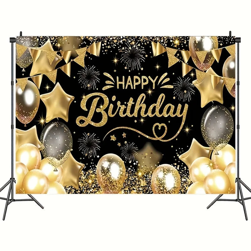 Elegant black and gold birthday party backdrop featuring stars, confetti, and balloons