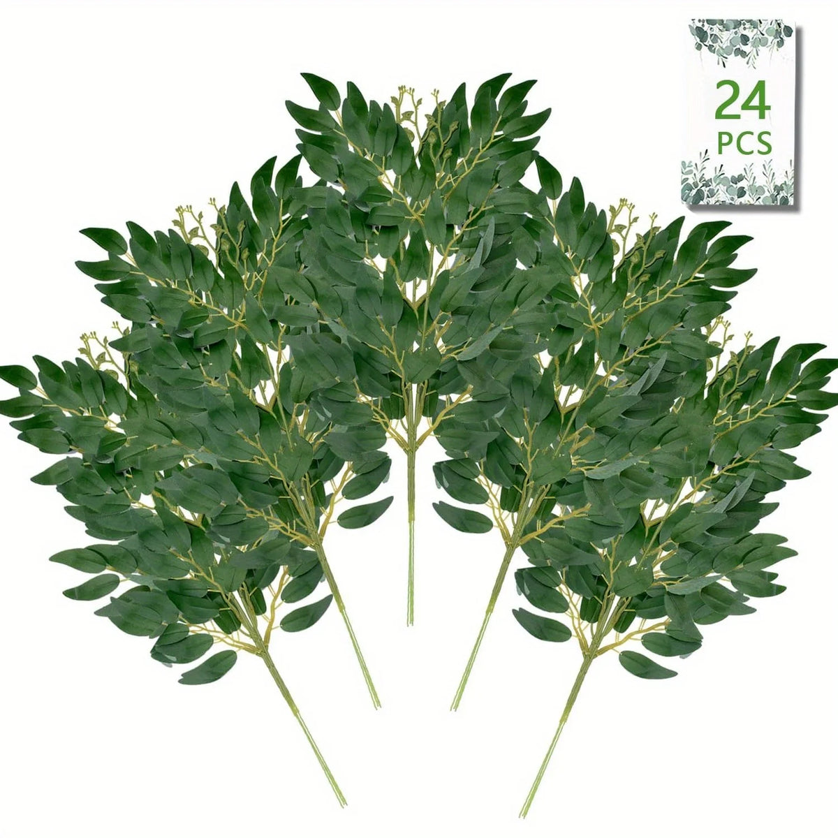 Un paquete de follaje artificial italiano Ruscus para un guirnalda, mostrado contra un fondo blanco.