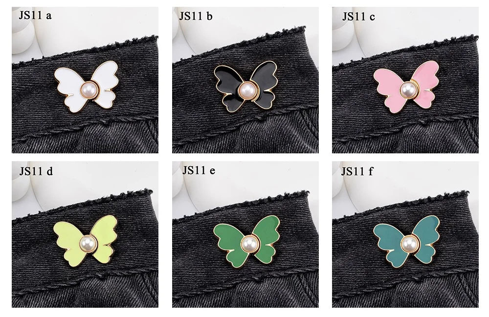 Six variations of pearl butterfly waist tightener buttons for jeans in black, pink, and lime green.