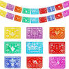 A colorful papel picado bunting set featuring various Mexican-inspired patterns and colors.