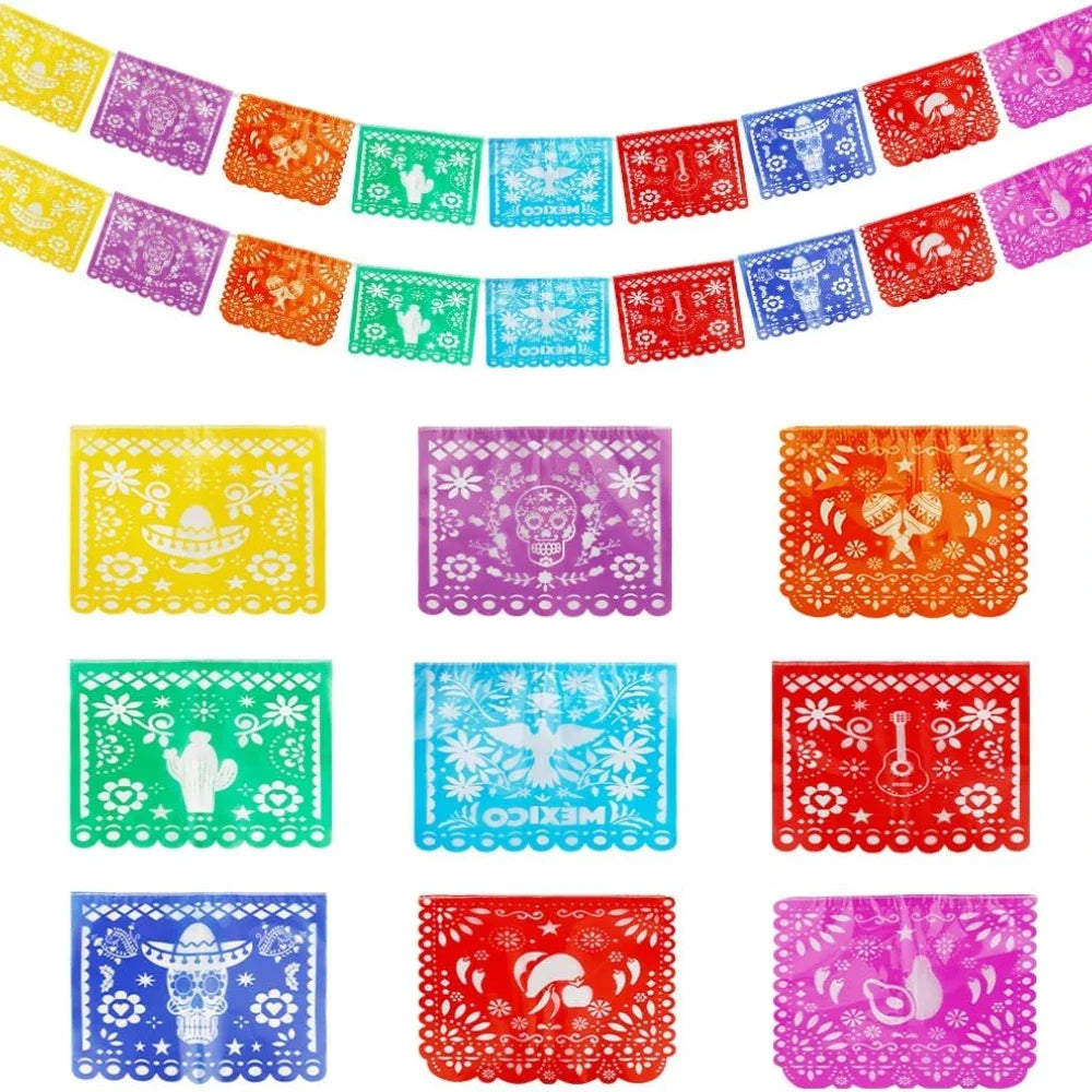 A colorful papel picado bunting set featuring various Mexican-inspired patterns and colors.