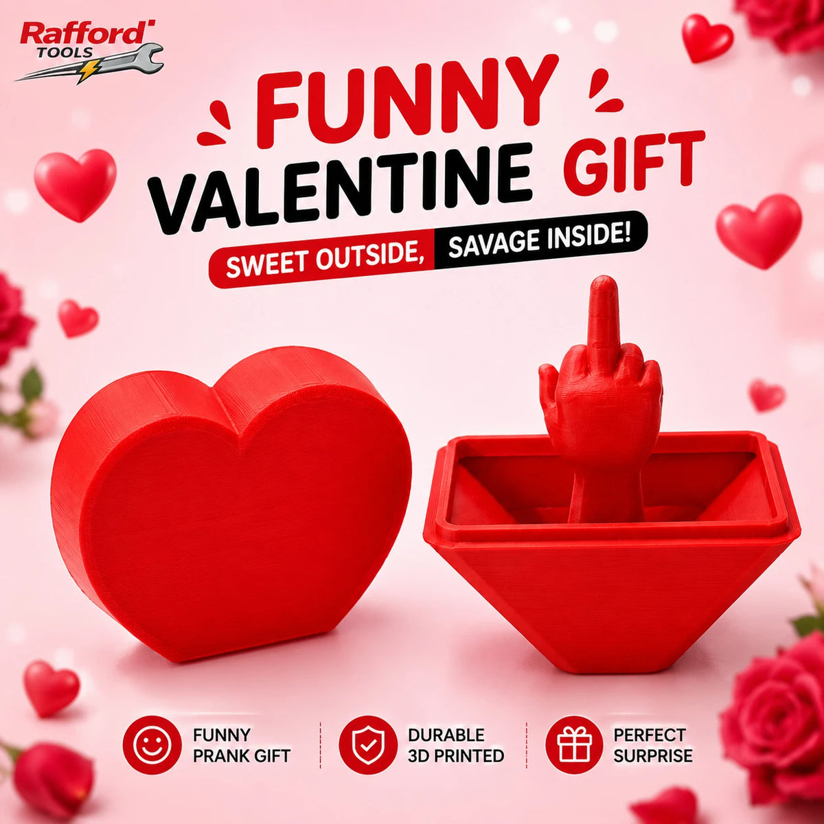 A red 3D printed heart box with a finger poking out, presented as a funny Valentine gift surprise.