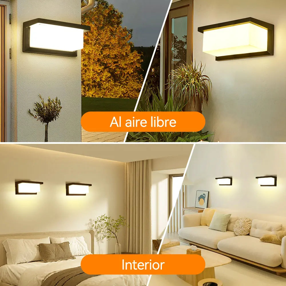 Two styles of vintage LED rectangle wall sconces shown in outdoor and indoor settings.