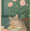 A tabby cat is eating noodles on a table in front of lush green foliage.