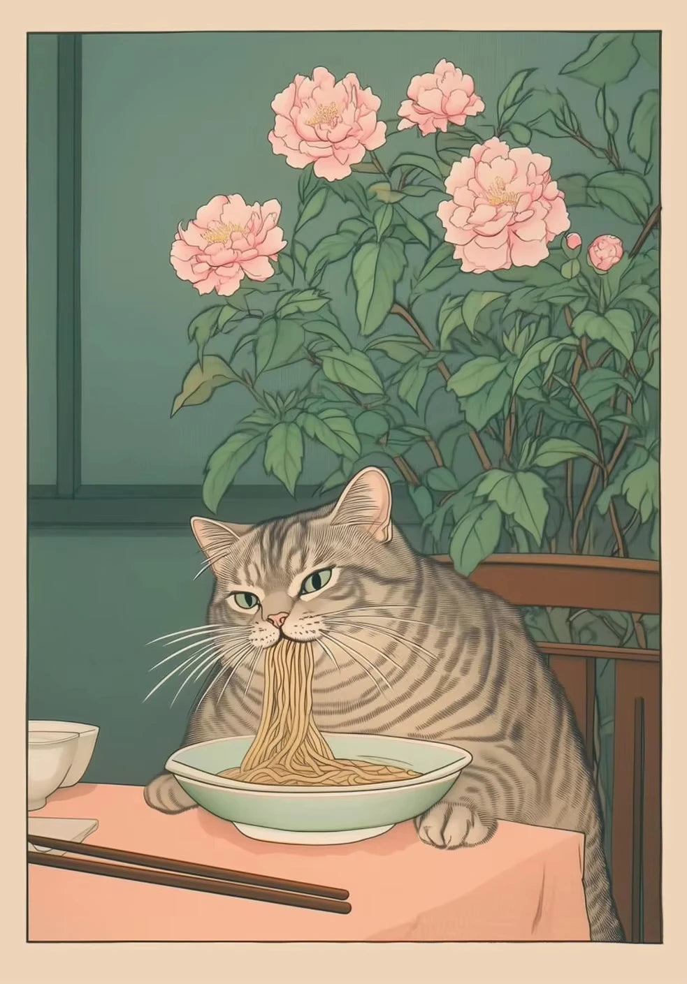 A tabby cat is eating noodles on a table in front of lush green foliage.