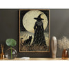 Canvas wall art depicting a dark witch silhouette against a large full moon and dry grass.