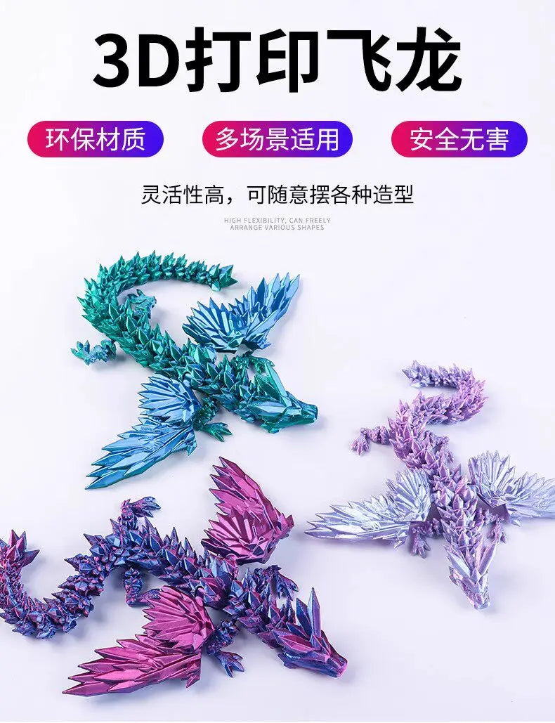 A collection of 3D printed articulated dragon fidget figurines in various iridescent colors like blue, purple, and pink.