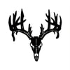 A black metal wall sculpture of a deer head with antlers.