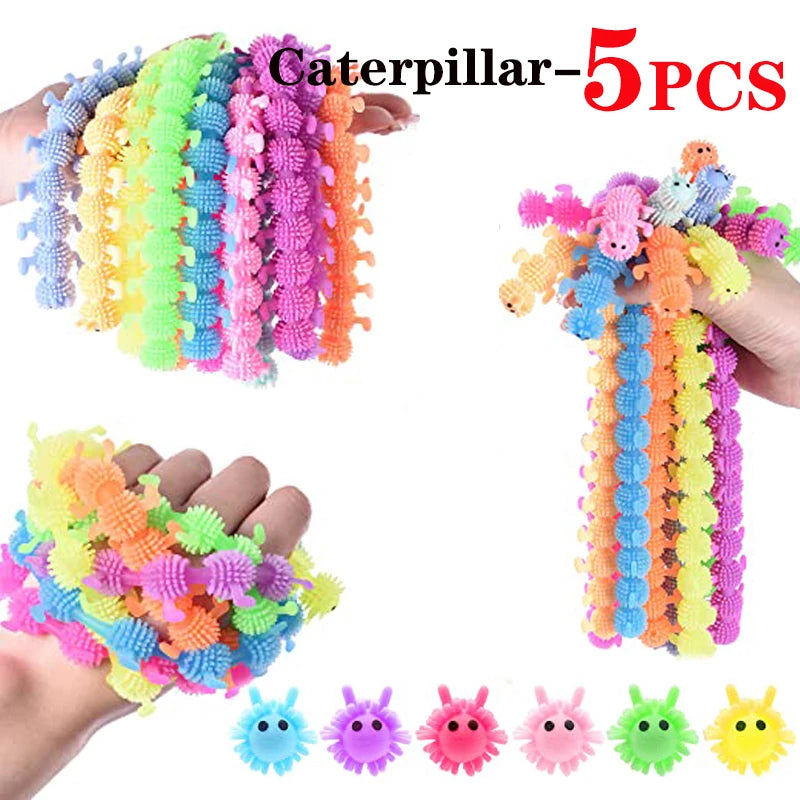 A set of five colorful caterpillar-shaped stretch sensory fidget toys for play