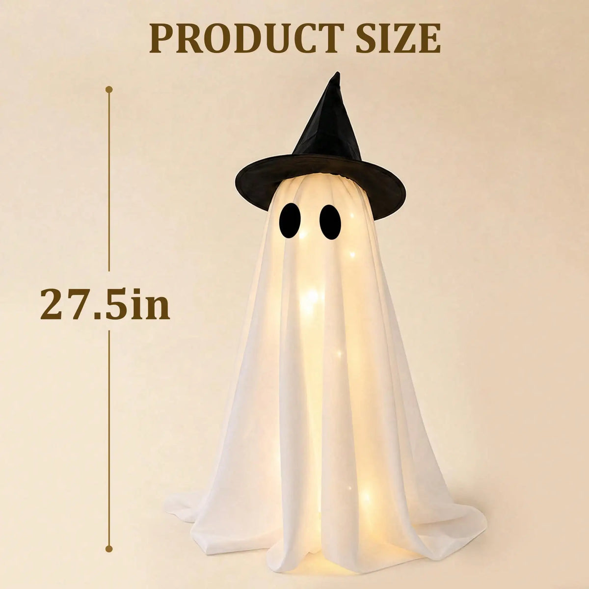 Figura fantasma blanca con sombrero de bruja negro y rasgos brillantes, vista contra fondo claro.