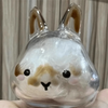 A clear glass figurine shaped like a rabbit with brown accents and black eyes.