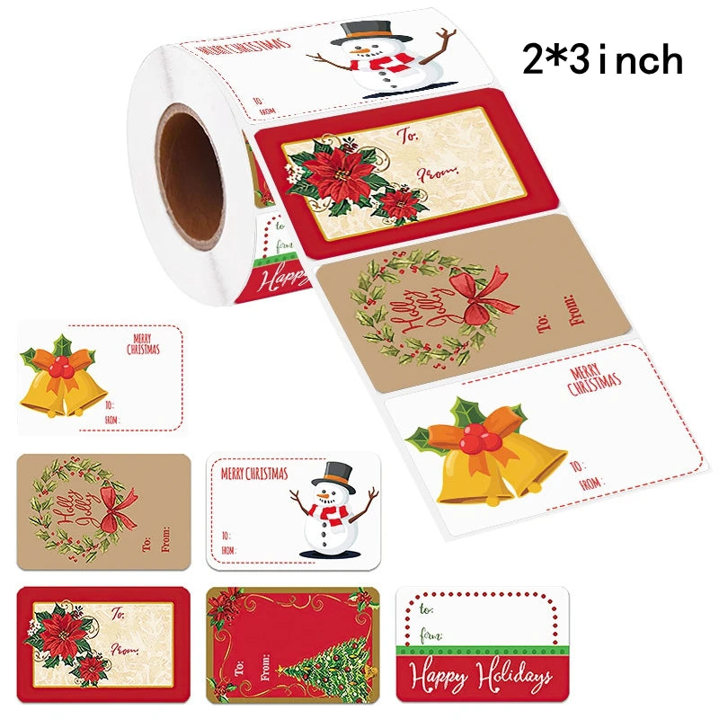 A set of decorative Christmas stickers and tags for gift wrapping featuring holly, wreaths, and holiday greetings.