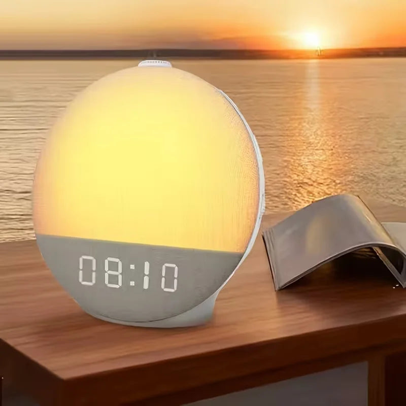 A modern sunrise alarm clock with a glowing white light and digital display sits on a wooden surface against a sunset backgro