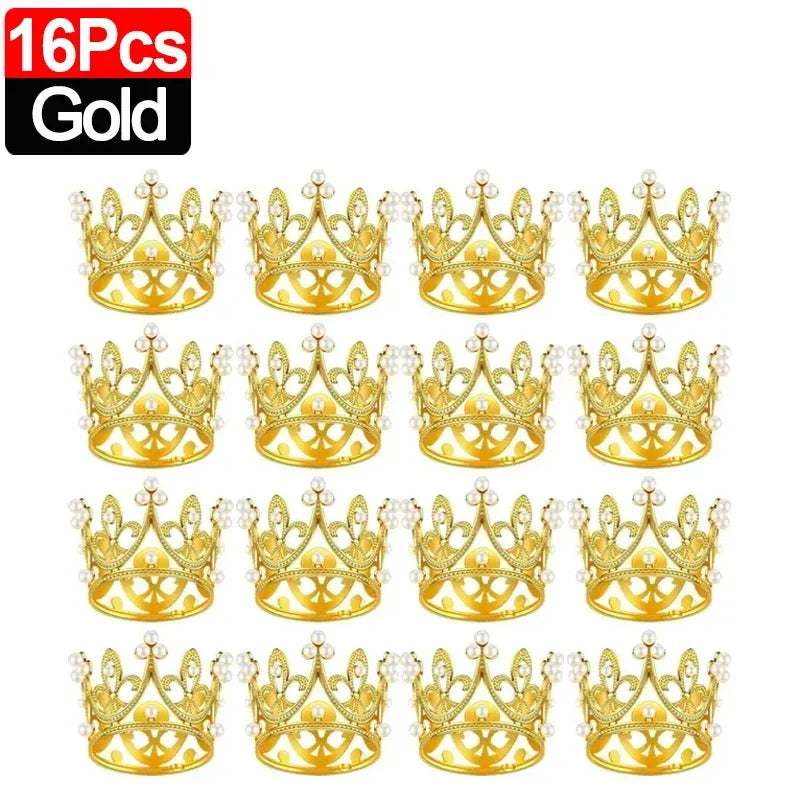 A set of 16 gold crown cake topper decorations.
