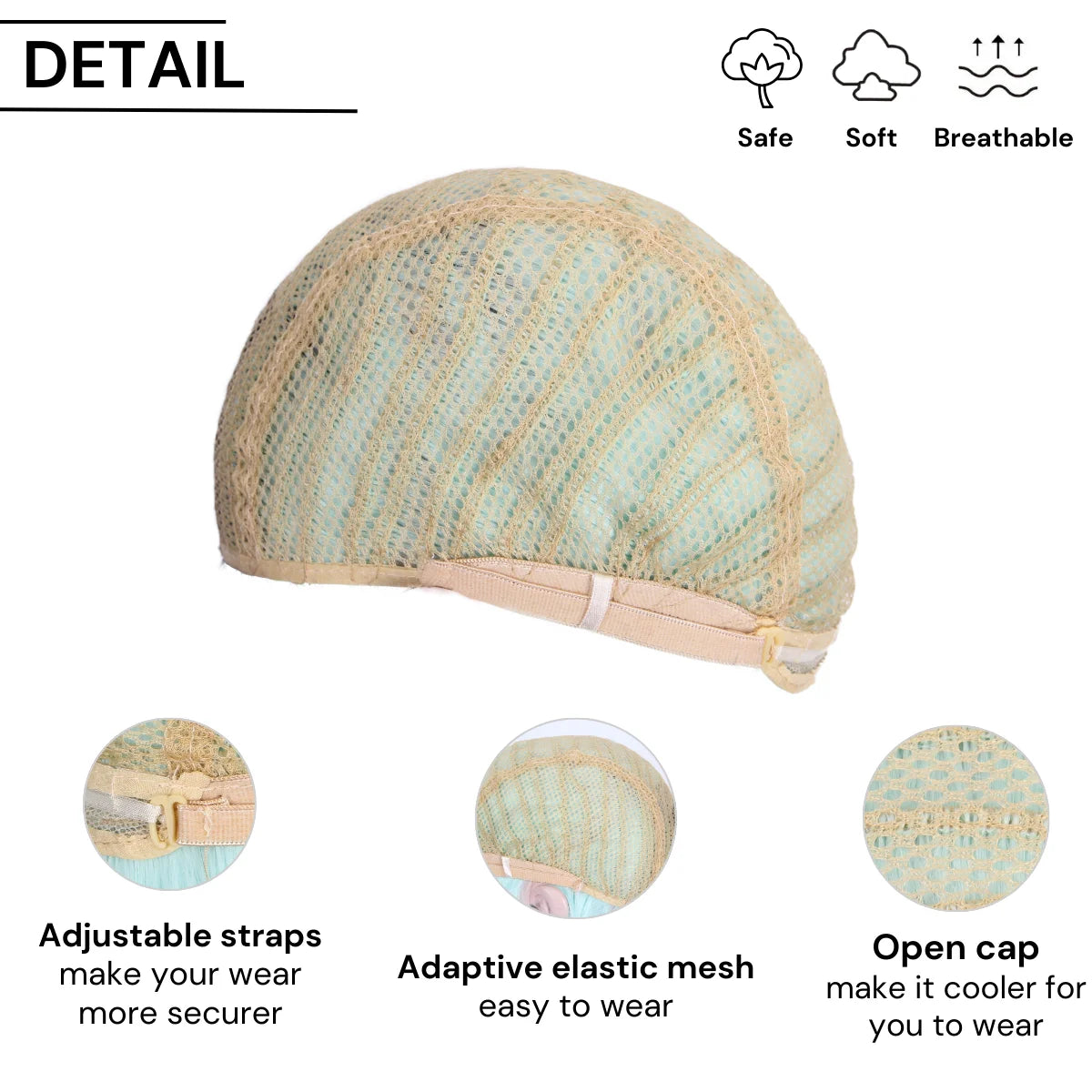 A light blue knitted short hair wig with adjustable straps and an open cap.