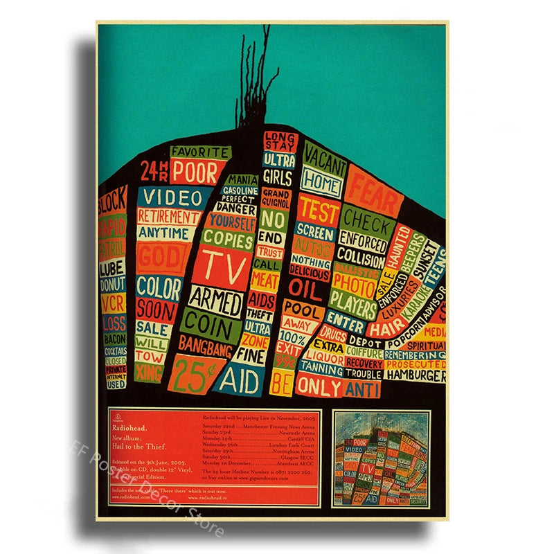 Poster featuring a collage of text and abstract shapes in shades of green, orange, and black.