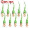 Ten small green troll dolls in various poses and styles.