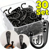 A clear container filled with a 30-piece set of black aluminum wall-mounted hooks and screws.