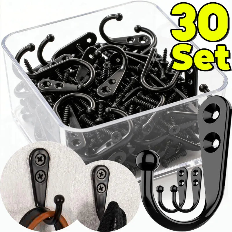 A clear container filled with a 30-piece set of black aluminum wall-mounted hooks and screws.