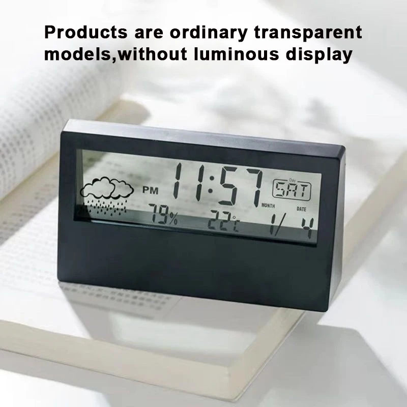 A black LED digital display showing the time 11:57 PM, temperature 22°C, humidity 79%, and the date Saturday, 1/4.