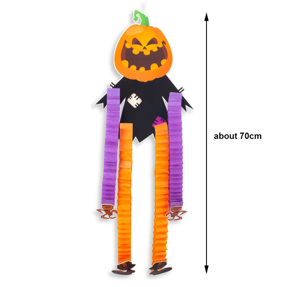 Halloween hanging ornaments set featuring a carved pumpkin, ghosts, and skeletons.