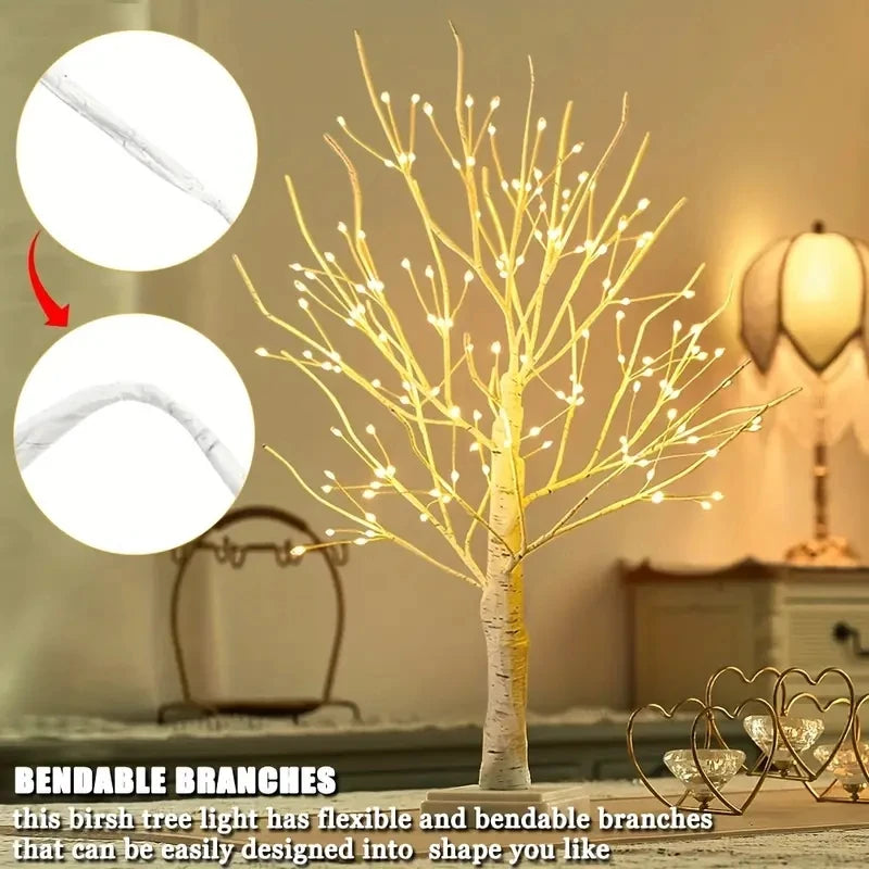 A decorative birch tree light with flexible and bendable branches illuminating a room.