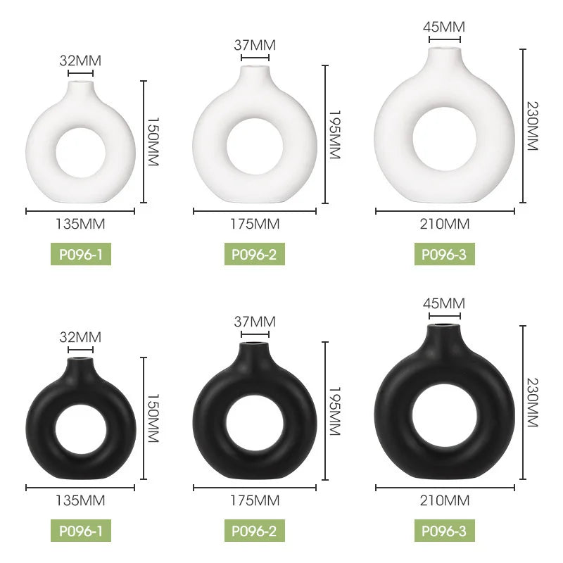 Three white ceramic-look vases of different sizes and shapes shown in top and bottom views.