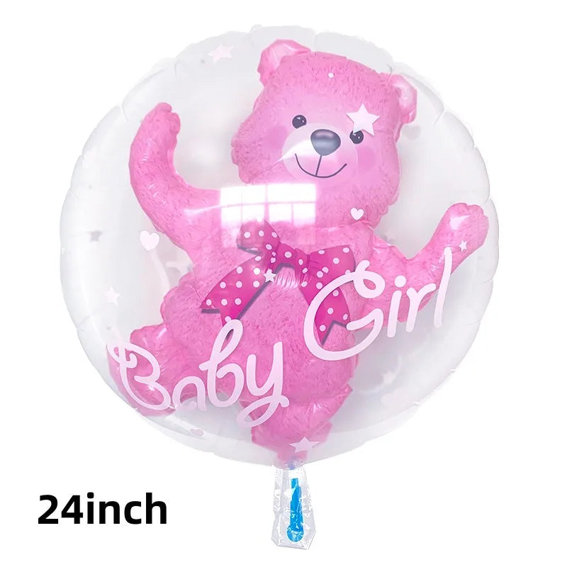 A pink foil balloon shaped like a teddy bear with glitter details and the words Baby Girl printed on it.