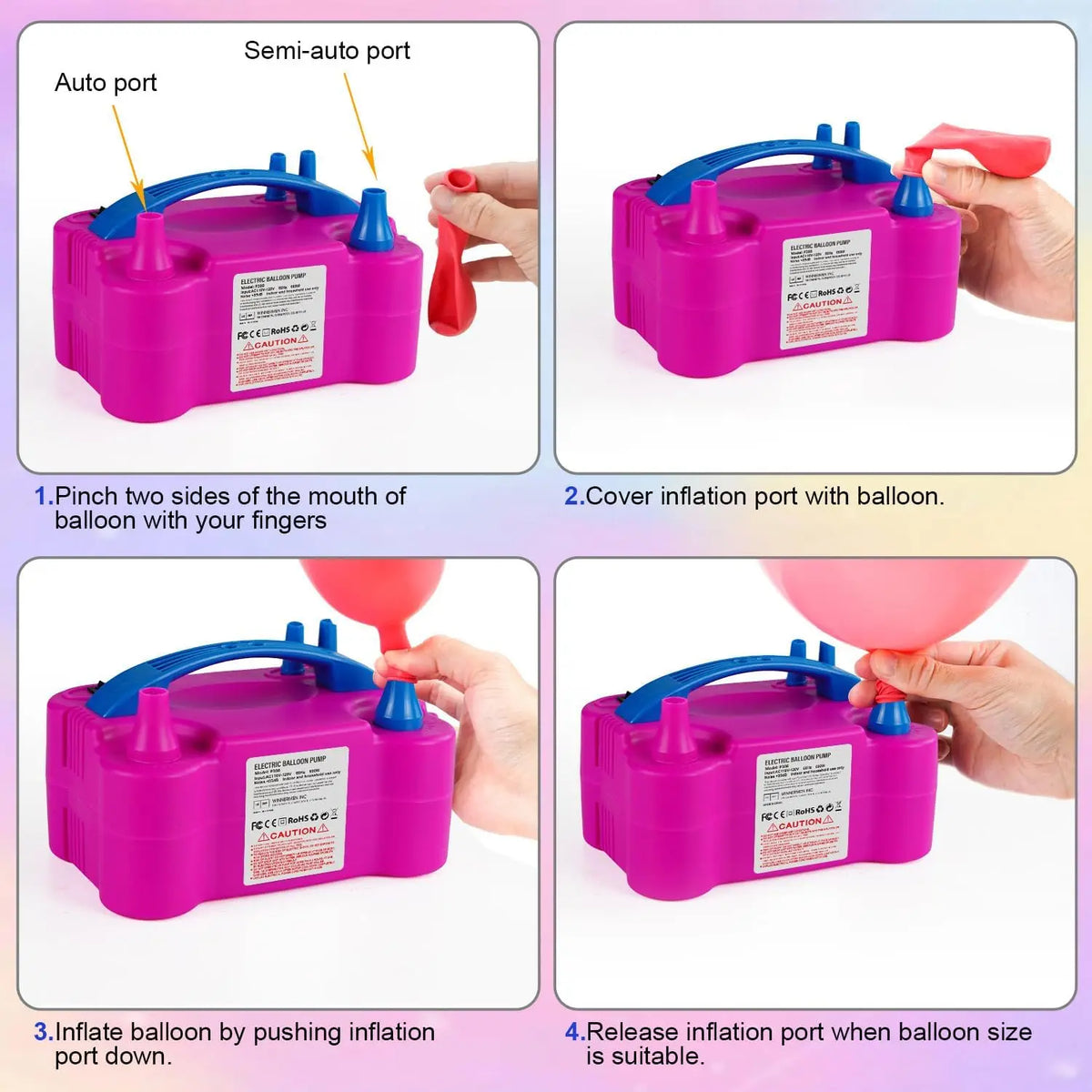 Demonstration of a portable electric balloon inflator showing the process of inflating and releasing air.