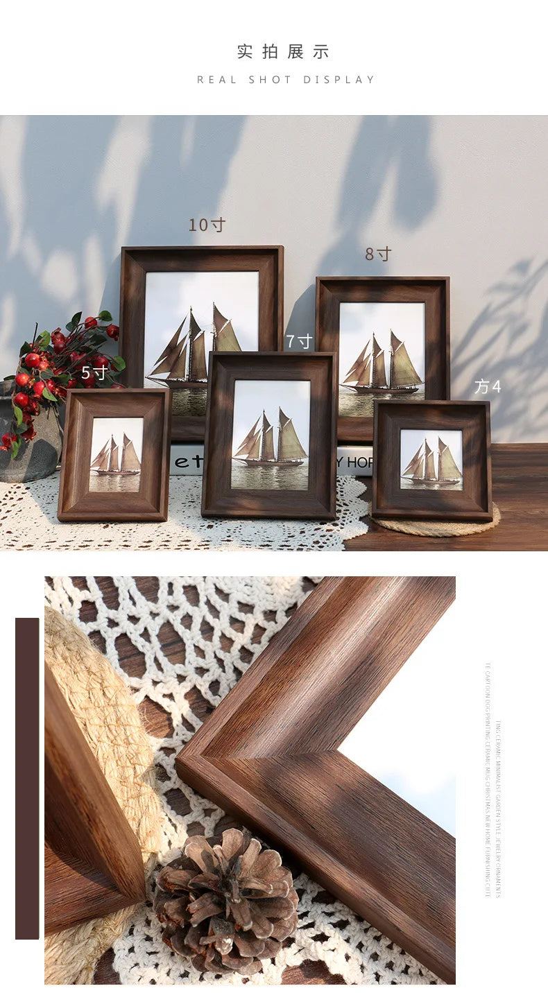 A set of vintage resin photo frames in dark wood tones displayed on a wooden surface with natural light and shadows.