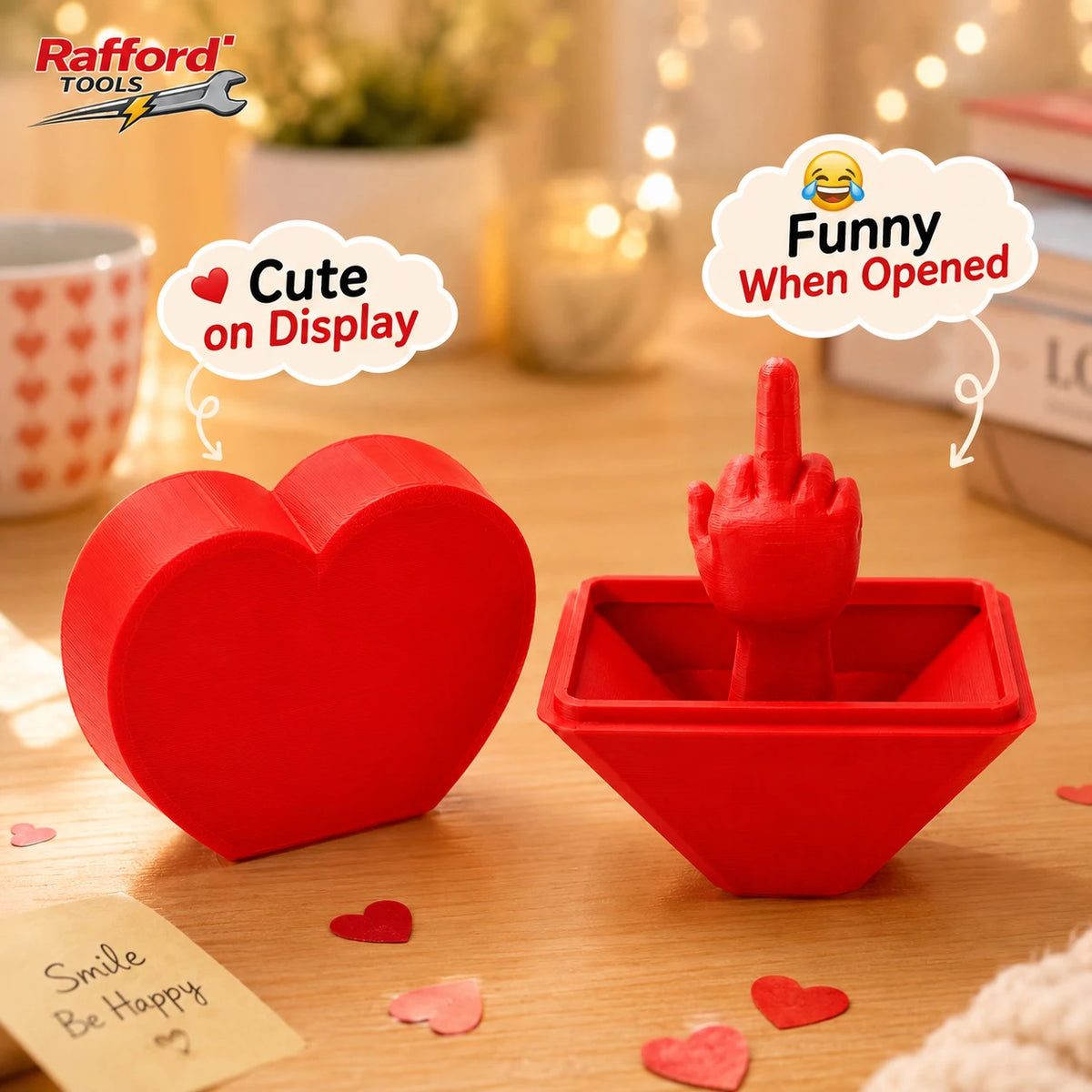 A red 3D printed heart surprise box with a finger poking out, displayed on a wooden surface.