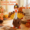 A felt turkey costume shaped like a goose, featuring orange and brown colors, displayed in a festive autumn setting.