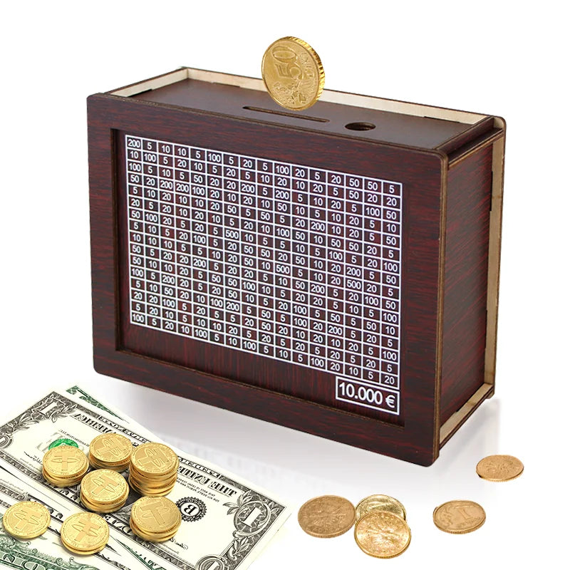 A wooden piggy bank with a slot, surrounded by gold coins and banknotes.