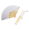 A light-colored bamboo folding fan with white paper blades shown in an open and closed view.