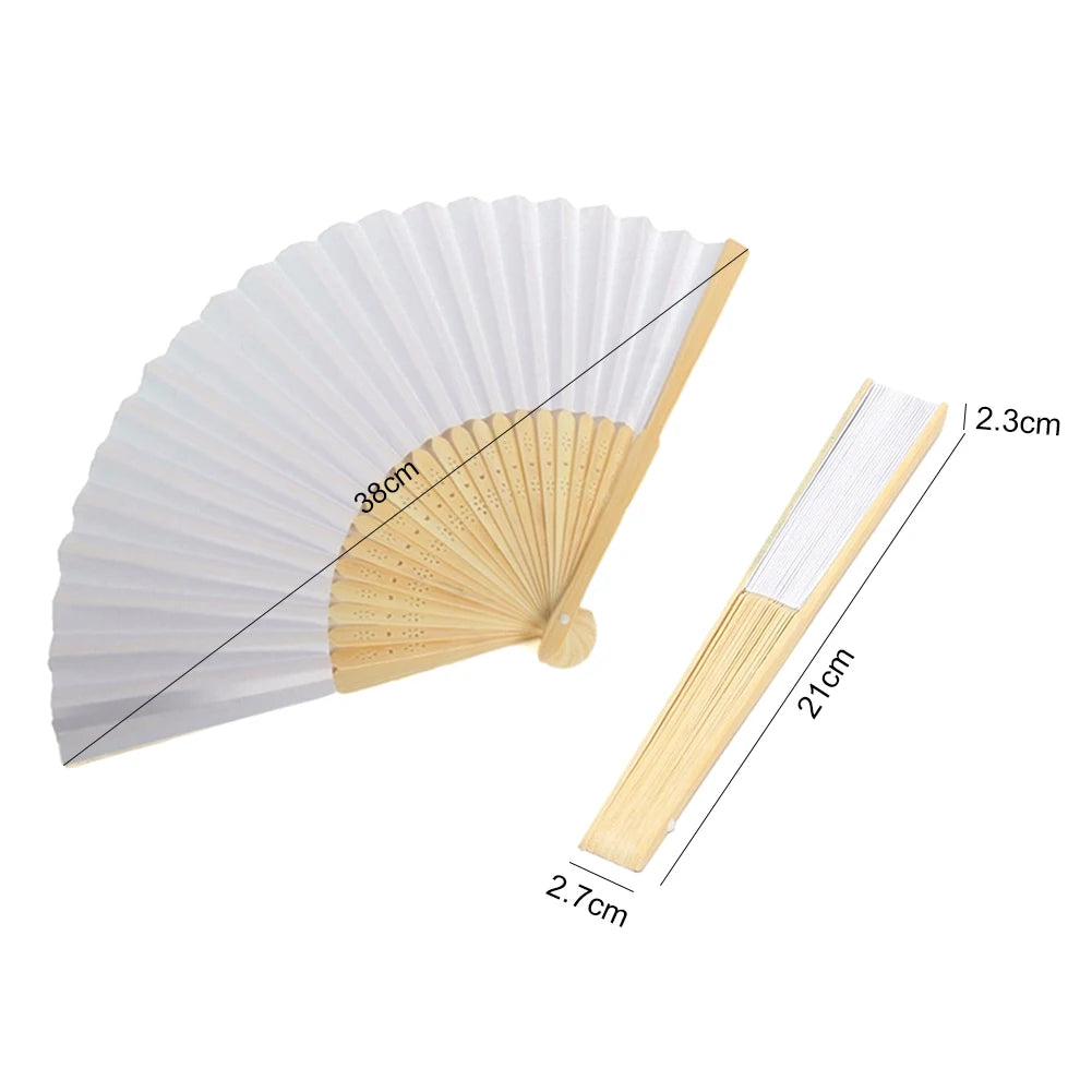 A light-colored bamboo folding fan with white paper blades shown in an open and closed view.